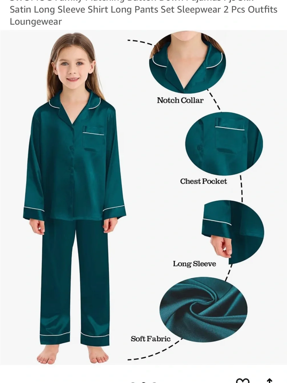 (NWT) Girls/ boys dark green silky pajamas set size 140 (10-11 years) UNISEX